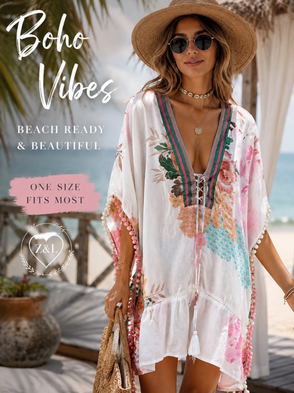 Boho Floral Pom Pom Kimono Cover Up | Z&L One Size Resort Beach Tunic